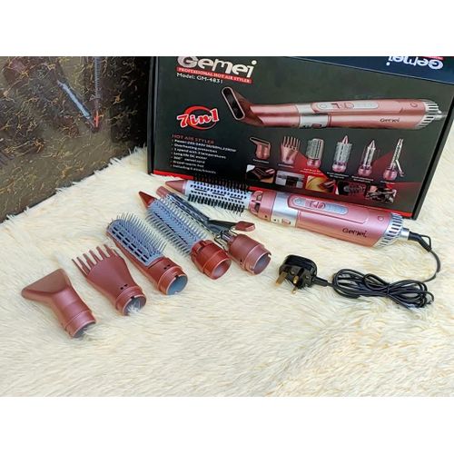 Gemei Professional Hot Air Styler 7 in 1 Hair Stylist Set Blow Dryer Brush Curling Iron Straightener Crimper Volumizer Hot Comb with Interchangeable Attachments for Salon and Home Use