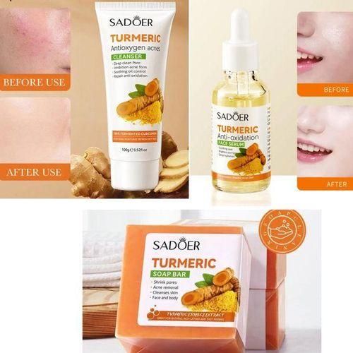SADOER 3 in 1, Turmeric Serum + Turmeric Cleanser + Tumeric Soap, Anti Ace, Oil Control and Moisturizing Combo