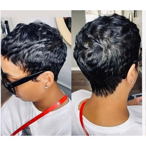 Black Short Pixie Cut Straight Curly Hair Synthetic Wigs For Women