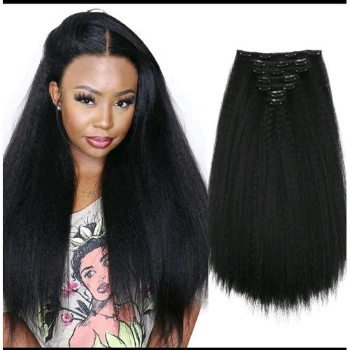 Premium 26 Inch Black 7 Pack Set Synthetic Hair 16 Clip Ins Hair Extension Yaki Kinky Straight Thick End
