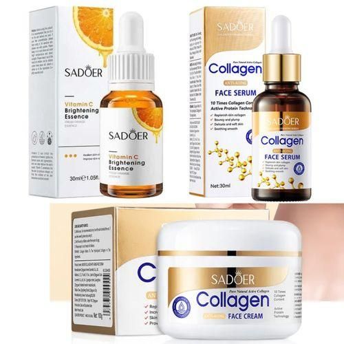 SADOER Collagen Anti Aging Cream + Vitamin C Face Brightening Essence + Collagen Anti Aging Face Serum