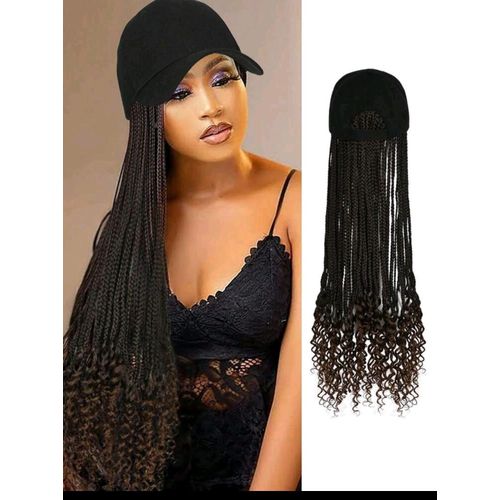 Synthetic Hair Black Baseball Cap, 24 Inch 64-Strands Black Ombre Brown Braided One-Piece Hat Wigs, Suitable For Daily Wear