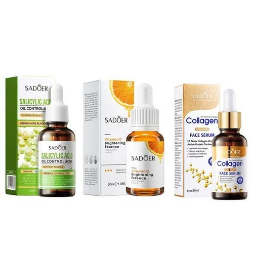 SADOER 3 in 1, Salicylic Acid Acne Treatment Essence + Vitamin C Face Brightening Essence + Collagen Anti Aging Serum