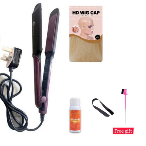Flat iron + Lace melting spray + Edge brush + HD wig cap + Elastic band