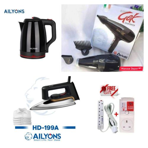 Ceriotti Professional Blow Dryer + Ailyons 2.2L Electric Kettle + Ipcone Iron Box + 4-Way Extension + T-Guard – 5 in 1 Combo Set
