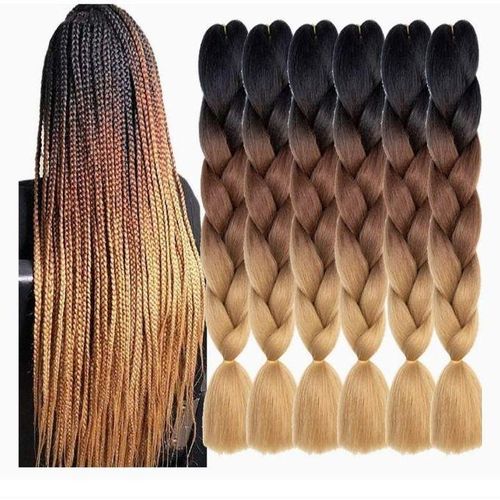 Ombré Braids KE Braids KE 6 Packs Ombre Jumbo Braiding Hair Extensions 24 Inch High Temperature Synthetic Fiber Hair Extensions for Box Braids Braiding Hair (Black to Brown to Light Brown)