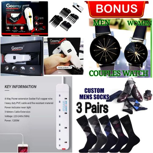 Geemy BEST PROFESSIONAL ELECTRIC HEAD SHAVER // HAIR & BEARD TRIMMER HAIR CLIPPER SHAVING MACHINE KINYOZI + COUPLE HAND WATCHES, 4 WAY POWER EXTENSION & 2 PAIRS SOCKS