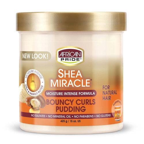AFRICAN PRIDE Shea Butter Miracle Bouncy Curls Pudding ,This whipped cream is a fabulous styling aid that can be used for setting fluffy finger styles, coils, two-strand twists, braid-outs, and pony puffs.