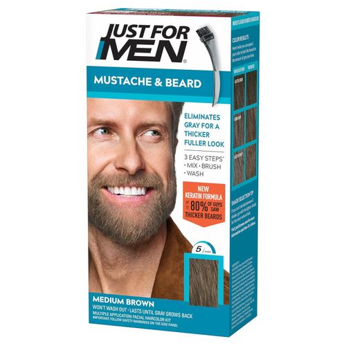 Just For Men Mustache & Beard, Beard Coloring for Gray Hair with Brush, with Keratin Biotin Aloe and Coconut Oil for Healthy Facial Hair - Medium Brown, M-35