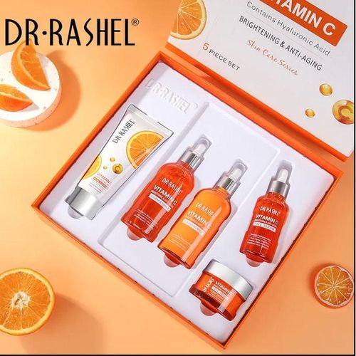 DR RASHEL Vitamin C Face Serum + Face Cream + Cleansing Milk + Face Cleanser + Face Toner Set for Brightening, Anti-aging Skin Care Set