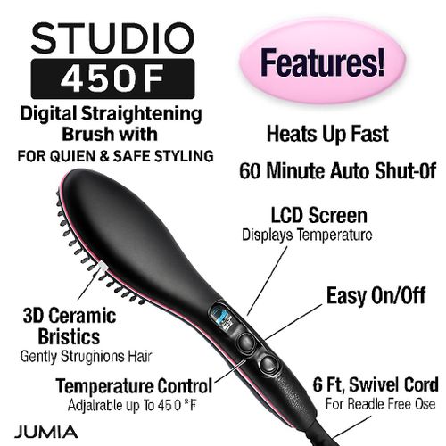 Heated Hair Straightening Brush with LCD Display – 3D Ceramic Bristles, 450°F Max, Auto Shut-Off