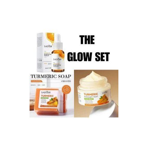 SADOER The Glow Set Kit Tumeric Soap,Vitamin C Brightening Serum and Moisturizing Tumeric Antioxygen Repair Cream