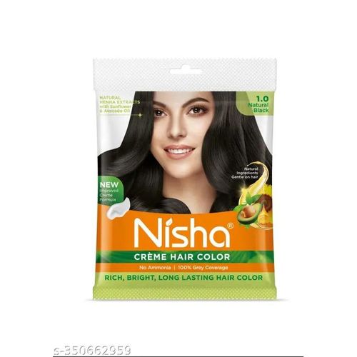 Nisha 1.0 Natural Black Creme Hair Color No Ammonia 100% Grey Coverage Rich, Bright, Long Lasting Hair Color Natural Henna Extract With Sunflower & Avocado Oil