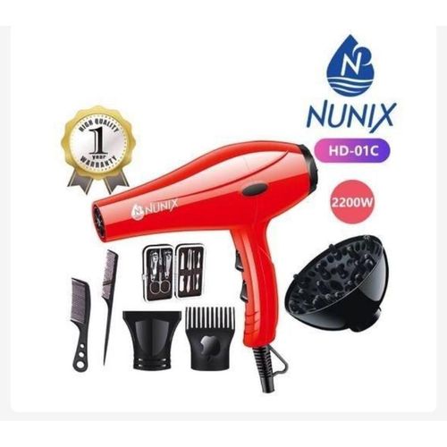 Nunix Heavy Duty Hair Dryer With 2 Selectable Speeds and 3 Heats Settings. 2200W. 1 Professional Blow Dry, 1 Curls Diffuser, 1 Manicure Set, 2 Combs, 2 Nozzles.