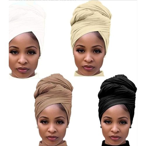 Head Wrap Scarf Stretch Jersey Turban Headwraps African Head Wraps Breathable Soft Hair Wrap for Black Women, Black+Light Brown+ Beige+White, Large