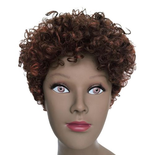 Fashion Idol Human STYLE ICON Nature Pixied Cut Curl Wig Brown Burgundy SONA Color F33/350 Afro Curl Made-Machine Wig Human Nature Hair Wig For Women