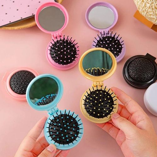Folding Travel Mirror Hair Brushes Round Folding Pocket Hair Brush Mini Hair Comb Compact Travel Size Hair Massage Comb For Women And Girls