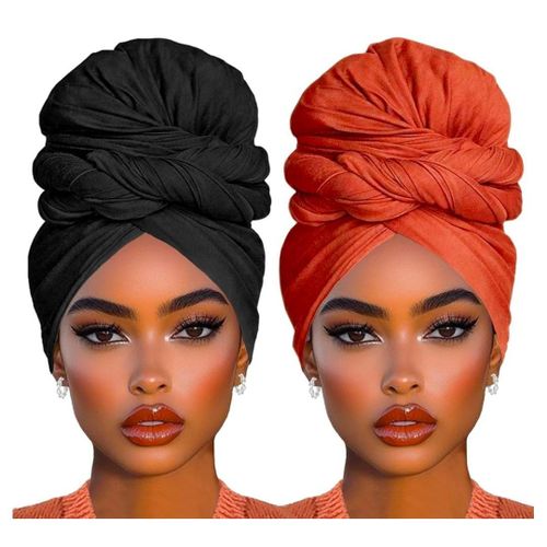 2 Piece Stretch Jersey Turban Head Wraps African Women's Headwraps Breathable Super Soft Head Bands Fashion Head Scarf Hijab Scarves Large Muslim Headwrap for Women(Black+Orange)