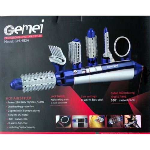 Gemei 6-in-1 Hot Air Styler Multifunctional Hair Tool With 5 Attachments & Overheating Protection