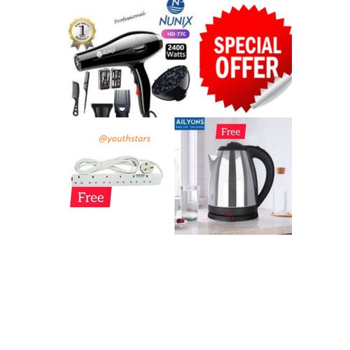 Nunix 2400W Pro Hair Blow Dry +AccessorieS + 1.8L KETTLE+4 WAY EXTN
