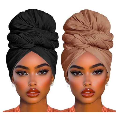 2 Piece Solid Color Stretch Jersey Head Wrap Long Scarf Long African Hair Wraps Stretch Hijab Extra Fashion Head Scarf Soft Head Wraps for Women(Black+Camel)