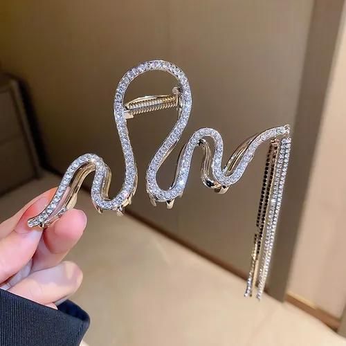 Fashion Clips Light luxury rhinestone grab clip, high-grade tassel chain, shark clip headdress