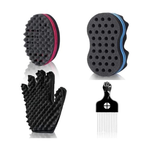 Magic Twist Hair Sponges Set, Big Holes Sponge Brush For Hair, Curling Sponge Glove For Men Women Curls With Metal Afro Pick