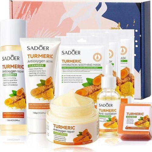 SADOER Glowing SET Skin Turmeric Skincare Set ,Include Face Cleanser- Turmeric Oil Serum-Toner-Face Cream- Soap-3*Sheet Mask For Dark Spot Corrector Remover Anti Aging Firming