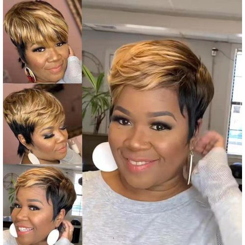 Quality heat friendly semi human hair pixie wig black n brown