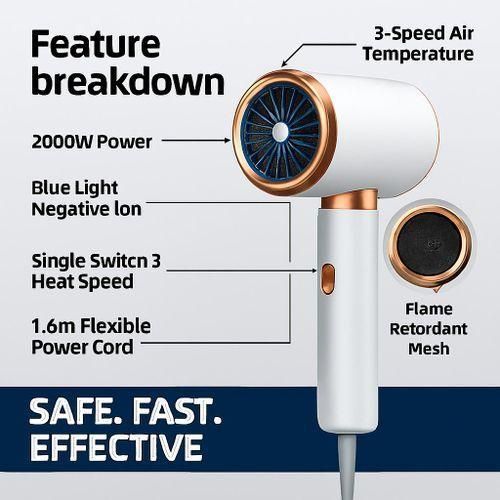 2000W Professional Hair Dryer – 3-Speed Heat Control, Blue Light Negative Ions, Frizz Free Overheat Protection, Flame-Retardant Build - Home & Salon Use
