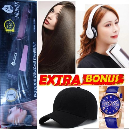 Nunix Ladies // Women Professional Hair Straightener Perfect for Salons & Homes + EXTRA BONUS BLUETOOTH WIRELESS HEADPHONES, LADIES WRIST WATCH & CAP