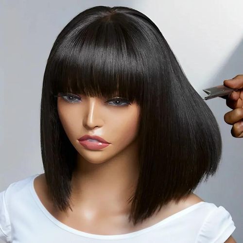 Fashion Idol BOB ASHA 12" Bob Wig With Bang STYLE ICON Human Nature Hair Wig Color Y1B Pixied Cut Made-Machine Wig Human Nature Hair Wig For Women