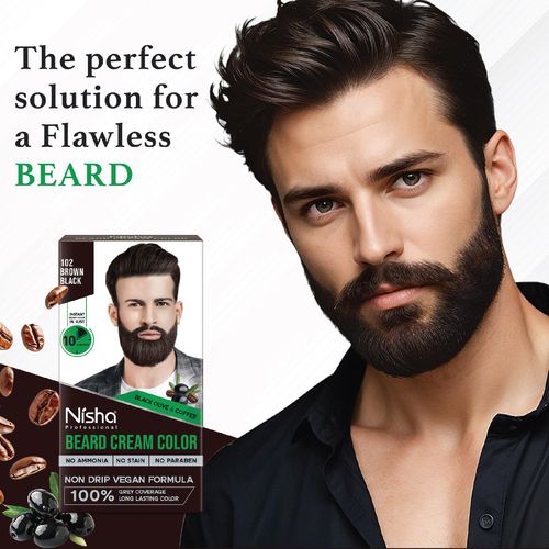 Nisha Mustache & Beard Cream Coloring for Men, 100% Gray Coverage in 10 Minutes with Non Drip Vegan Formula, Brown Black, 120g