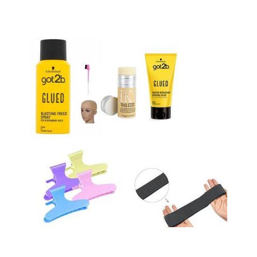 Schwarzkopf Got2b hair spray , Glue , Edge brush , Elastic band , hair clips , wig cap , wax stick