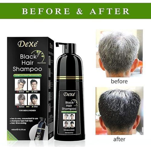 Dexe 400ml Black Hair Dye Shampoo- Instant Black Hair Shampoo for Men Women/ Black Hair Color/ Simple to Use/ Long Lasting- Fast Acting/ Natural Ingredients