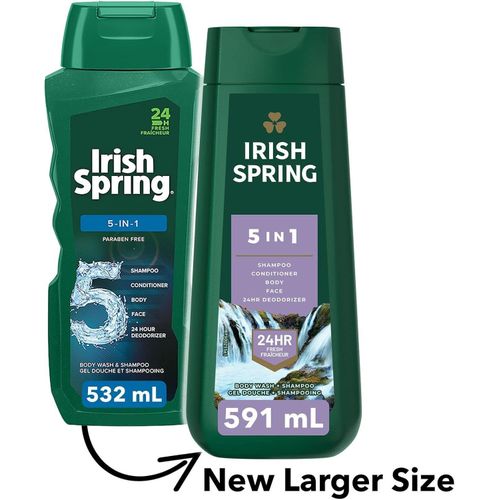 Irish Spring 5-In-1 Shampoo,Conditioner ,Body Wash,Face Wash and Deodorizer for Men, Men's Body Wash, Smell Fresh and Clean for 24 Hours, Conditions and Cleans Body, Face, and Hair-591ml.