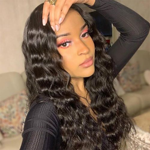 Lace Front Wig Women's Medium-Length Wavy Perm Synthetic Wig with Center Part - Black