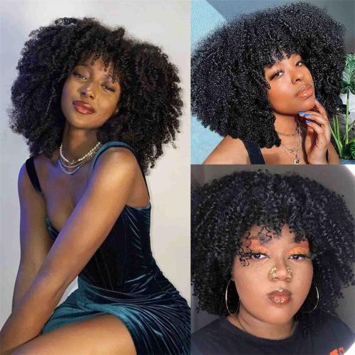 LINGHANG Black Curly Wig With Bangs Short Black Curly Wig For Black Women Synthetic Heat Resistant Full Afro Curly Black Wigs For Daily Party-Black