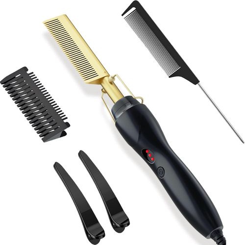 Leeons Electric Hot Comb - Professional Ceramic Hair Straightener - 4 Adjustable Heat Levels - Anti-Scald Straightening Brush for Natural Hair