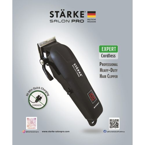 STARKE Salon Pro Expert Cordless Hair Clipper LED Display Barber Machine Heavy-duty Performance: Ideal for Barbers & Stylists Handle Demanding Use Made In Germany 100% Copper Motor 440C Japanese Steel Blades, 0.5mm - 3.5mm 3Pin UK -Black-1Yr Warranty..