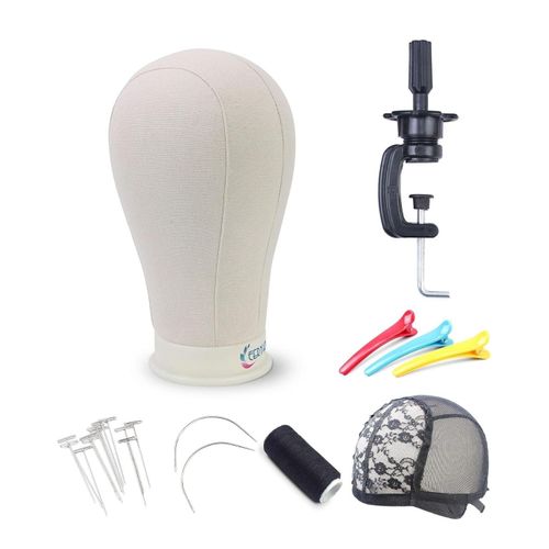 Canvas Block Head Set for Wig Display Making Hair Weave and Styling Mannequin Head with Mount Hole C Stand, Styling Hair Clips, T Needle, C Needles, Thread, Lace Wig Caps (22 Inch)
