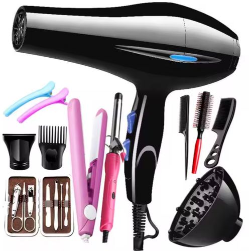 Canye Hair Dryer for Salon - Powerful Blow Dryer - Home or Travel for Normal & Curly Hair Includes - Hair Dryer, Flat Iron, Tongs, Manicure Set, 3 Combs, 2 Clips, Curls Diffuser.