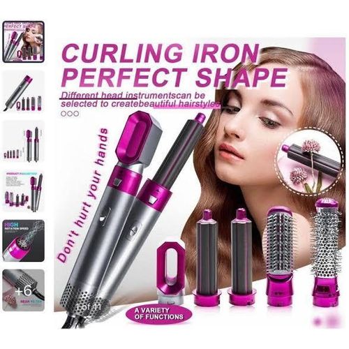 Electric 5in1 Hot Air Styler 1000W Hair Dryer Brush with Curling, Straightening and Volumizing Attachments for All Hair Types – Salon Styling Tool for Women