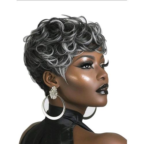 Black grey curly pixie wig