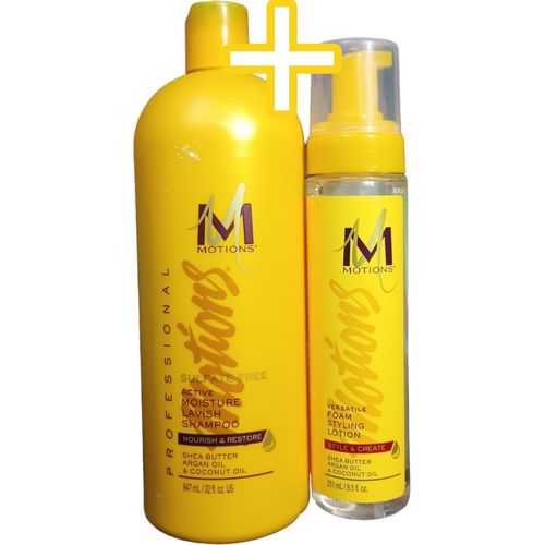 Motions Sulphate Free SHAMPOO Active Moisture Lavish + Versatile FOAM STYLING LOTION Shea Butter Argan Coconut Oil