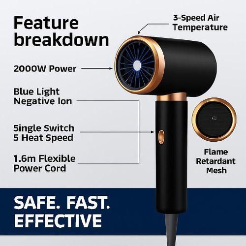Professional Edition 2000W Hair Dryer – Blue Light Negative Ions, Frizz Free Shine, Overheat Protection, Flame-Retardant Build – Home & Salon Use