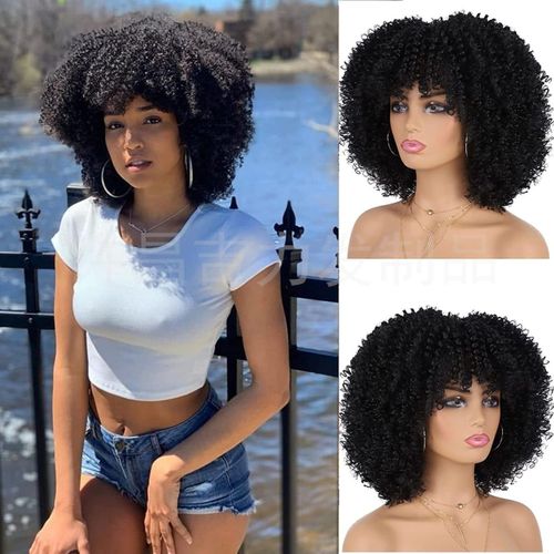 Short, black, kinky curly afro wig with bangs