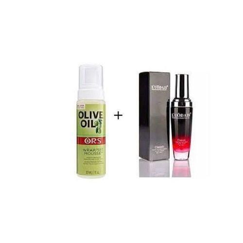 Ors OFFER Olive Oil Wrap Set Hair Mousse + Luodais Hair Serum Combo – Strong Hold, Frizz Control, Shine & Moisture, Edge Setting Foam for Natural & Relaxed Hair, Wigs & Weaves