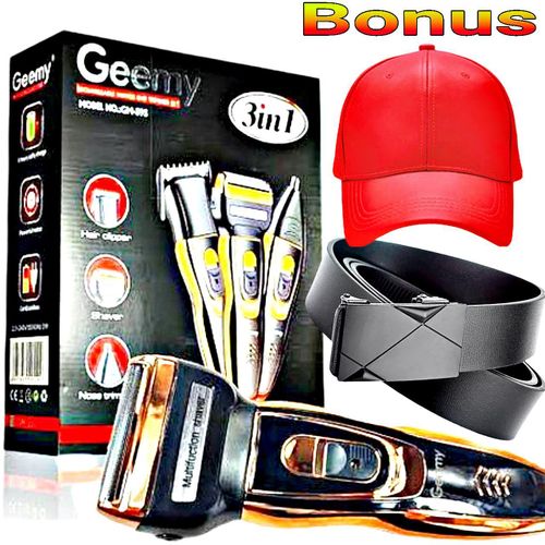 Geemy Rechargeable 3 in 1 Hair Shaver // Red Baseball Cap // Black Leather Belt