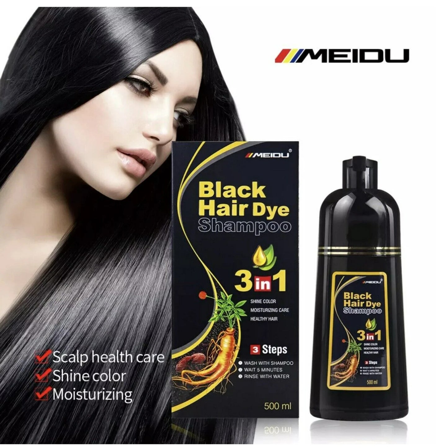 Meidu 3-in-1 Natural Black Hair Dye Shampoo – 500ml For Men and Women